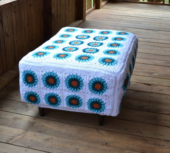 RESERVED Ottoman with Crochet Granny Square Cover White