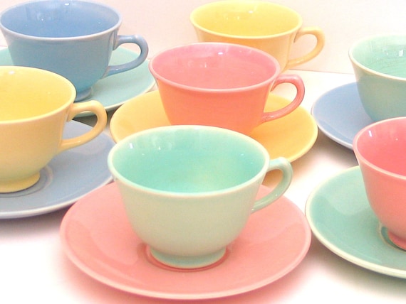Pink, Yellow. Saucers Mint and  in vintage Ray   Tea Lu bulk SET of tea cups 7 Pastels uk Cups