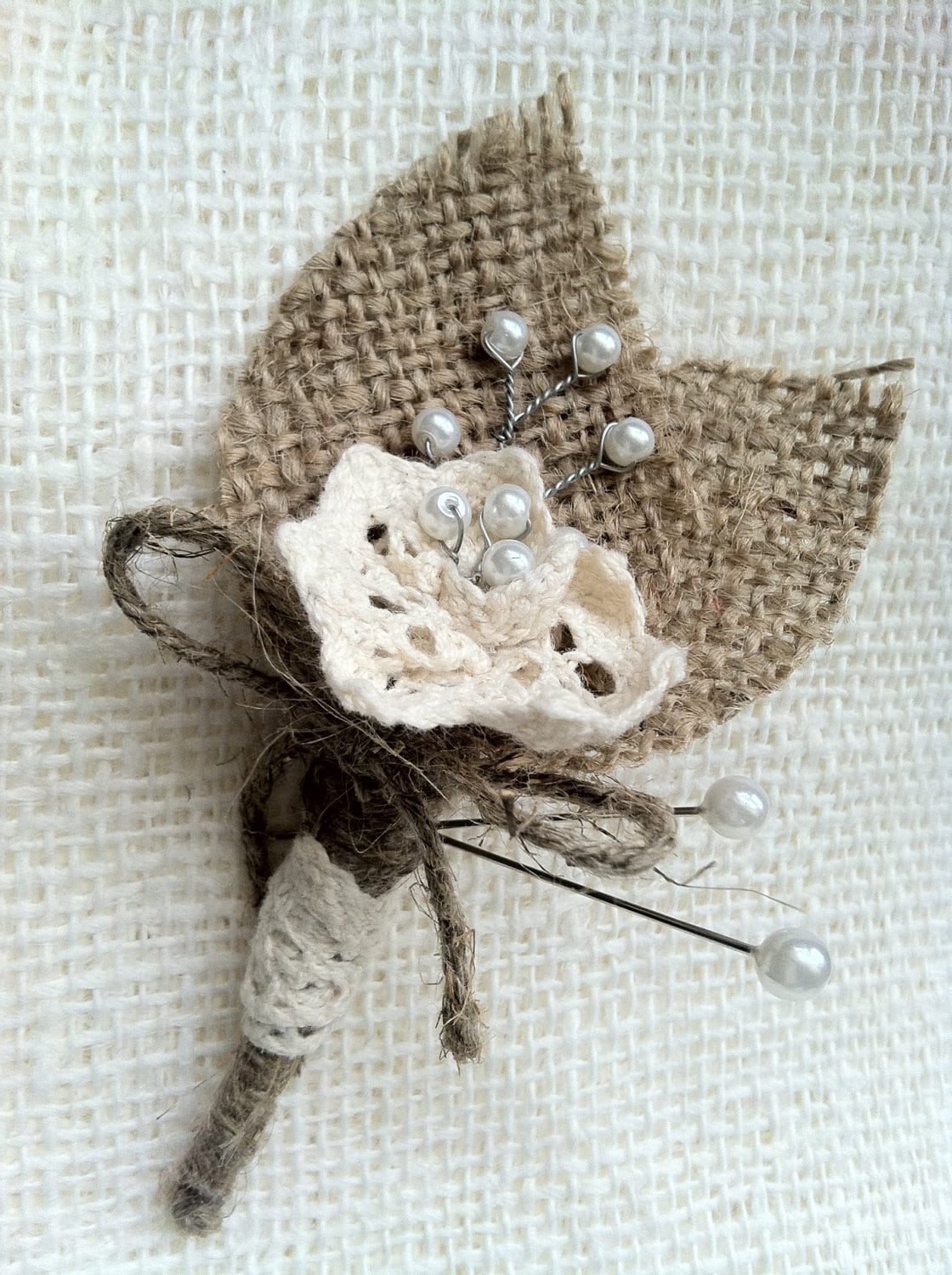 Burlap Boutonniere with Cotton Lace Flowers and Glass by ...