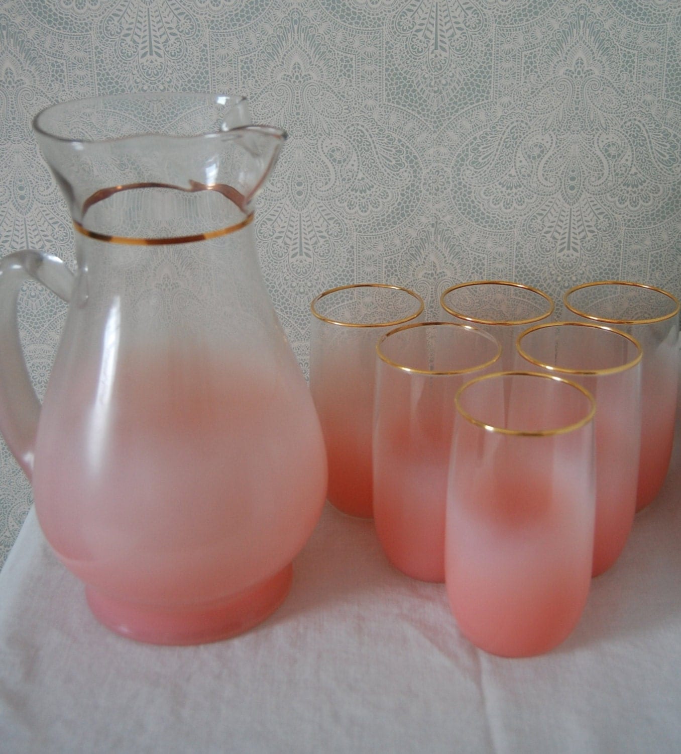 Vintage Blendo Pink Frosted Glass Pitcher And Set Of Six