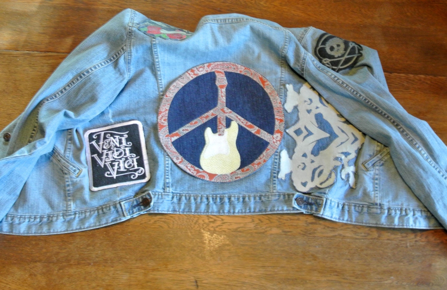 Peace Sign Guitar Patch Jacket Back Upcycled Denim10''