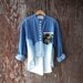 STUDDED DENIM SHIRT contrast camo pocket high low hem long sleeve dip dye blue ombre half bleached upcycled camouflage womens oversized