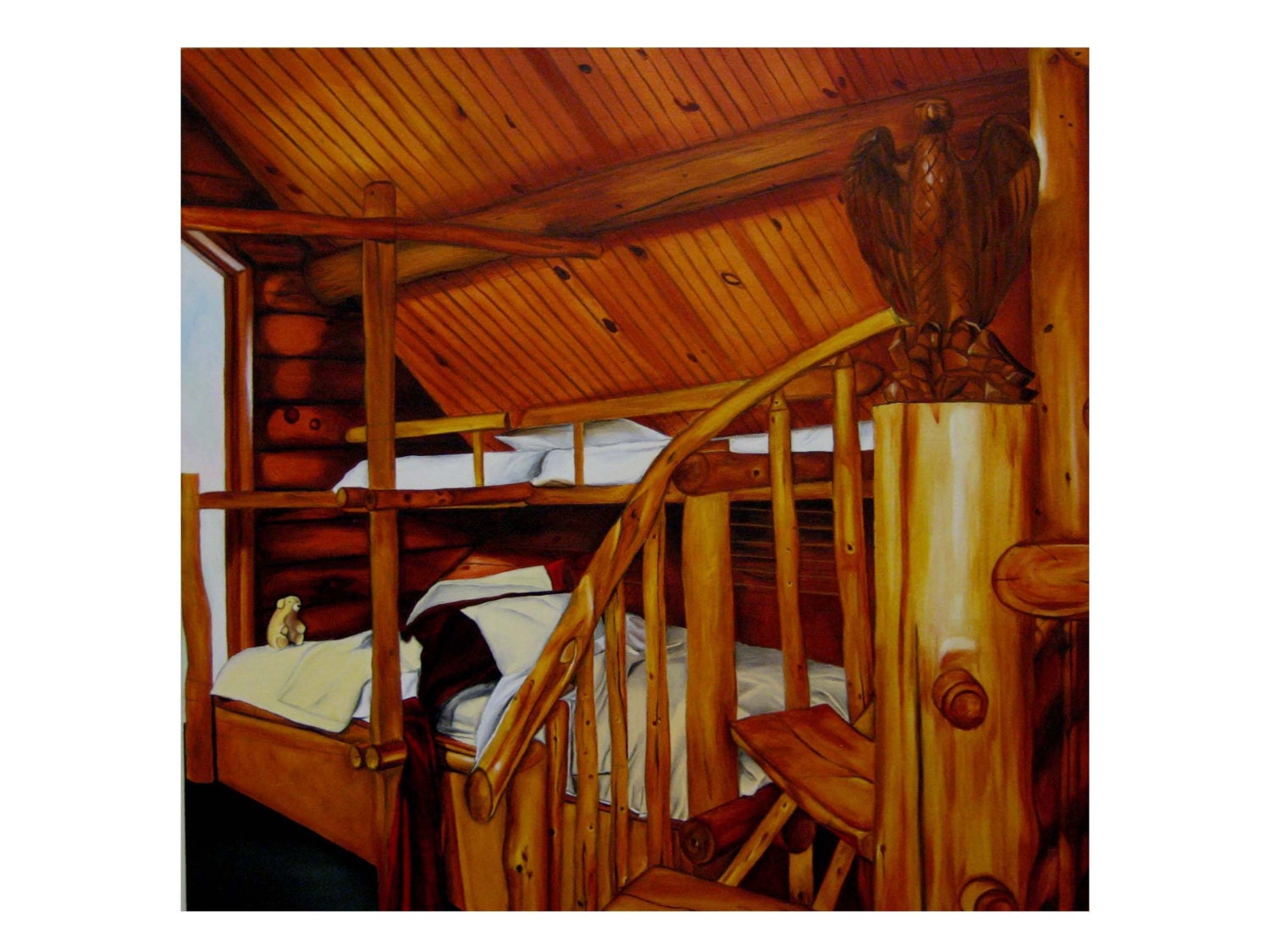 Oil painting of log cabin interior True American Home