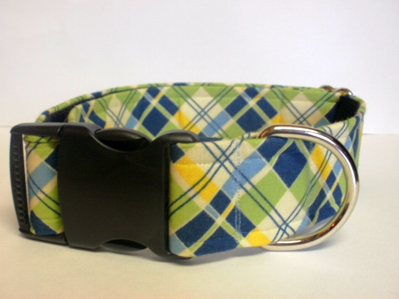 1.5 OR 1 INCH Blue/Green/Yellow Argyle Dog Collar