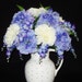 Silk Floral Arrangement, White Carnations, Blue/Purple Carnations, Purple Wisteria, White Vase, Spring/Summer Silk Flower Arrangement