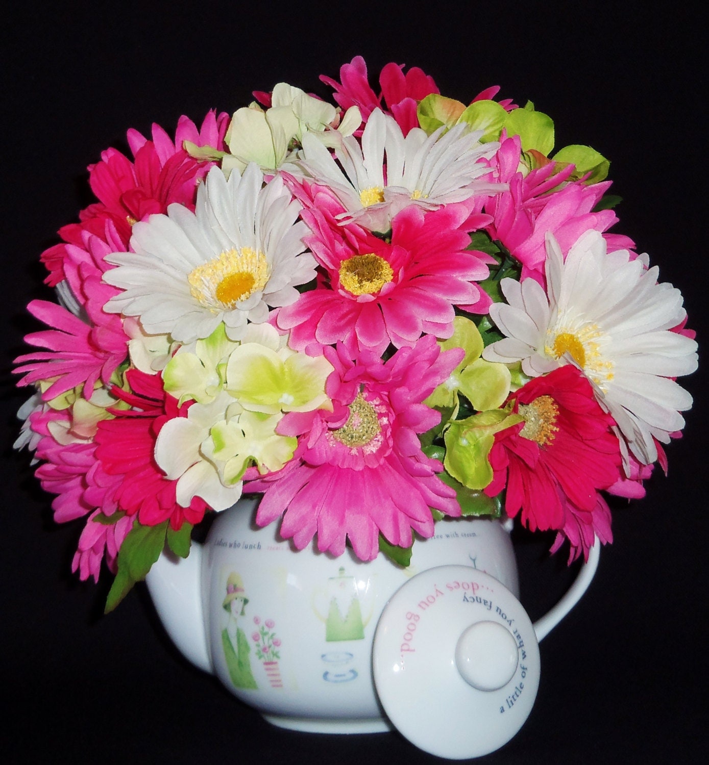 Teapot Flower Arrangement Pink & White Daisies Green