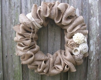 Winter White Rosettes & Burlap Wreath, 18" or 22"