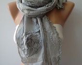 Gray Cotton Rose Shawl/ Scarf - Headband -Cowl with Lace Edge