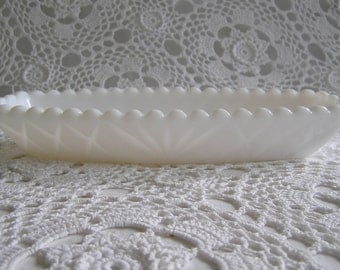 Milk Glass Relish Tray or Serving Bowl Dish with Scalloped Edge, 1950s, Mid Century Cottage Chic Bohemian Home Decor
