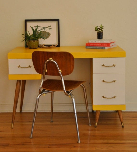 Yellow and White Mid Century Desk