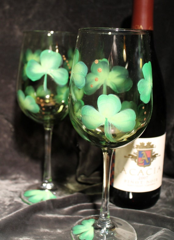 Hand Painted Irish Wine Glasses Threeleaf clovers on Olive