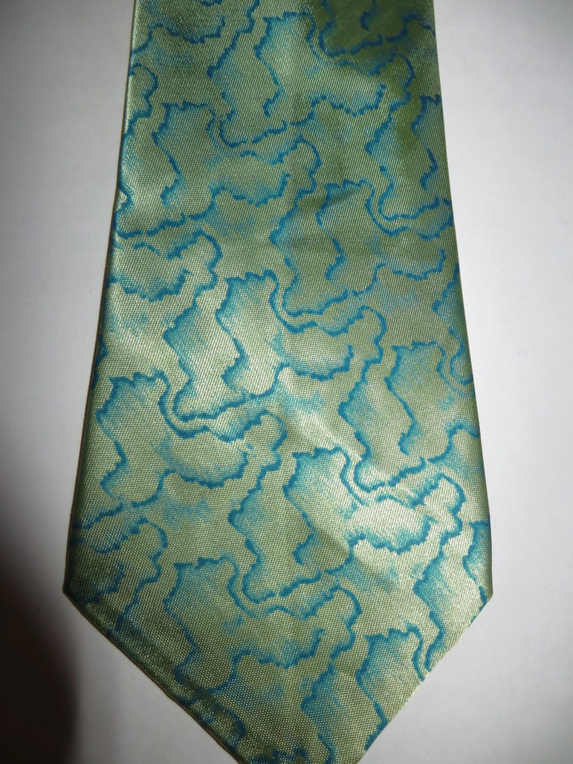 Vintage Satin Necktie Green Abstract Print Shiny Rayon