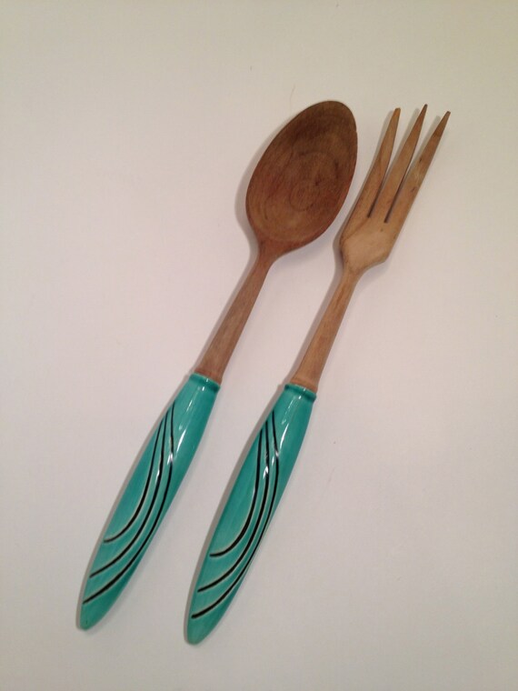 2 Blue Handle Salad Servers Vintage Wooden Salad Servers