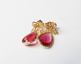 Raspberry Teardrop Earrings - Bow Earrings