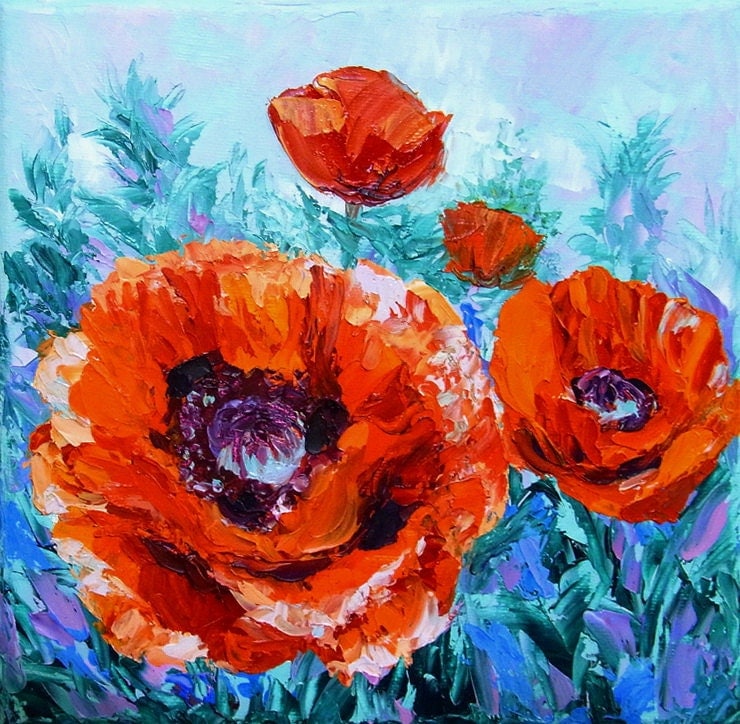 Small Oil Painting Poppy Flower Original Wall Art Palette