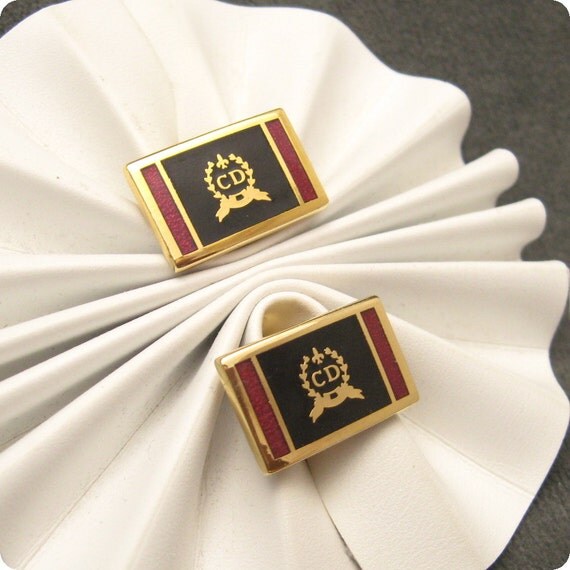 Vintage Christian Dior Cufflinks Tie Bar Set Enamel Logo H405