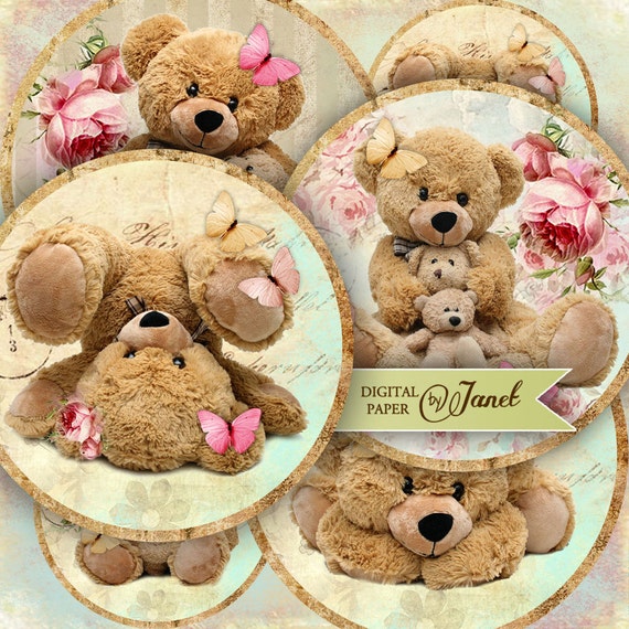 Teddy Bears  - 2.5 inch circles - set of 12 - digital collage sheet - pocket mirrors, tags, scrapbooking, cupcake toppers