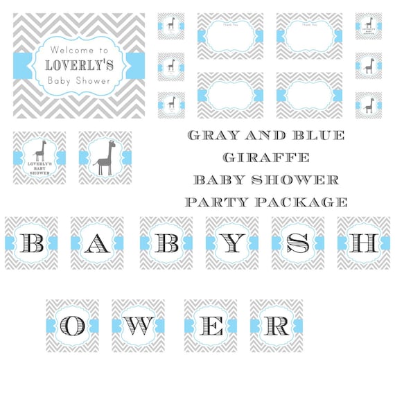 PRINTABLE Gray and Blue Giraffe Chevron Baby Shower Party