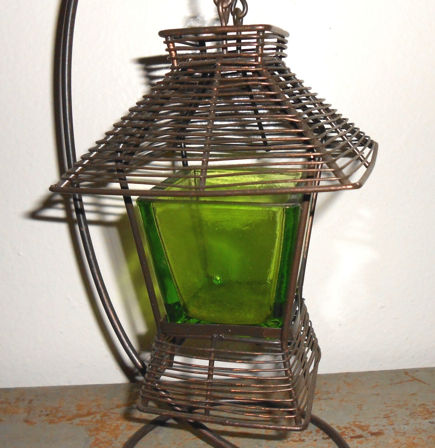 Vintage Candle Holder Lantern Metal Green Glass Tea by TheBackShak