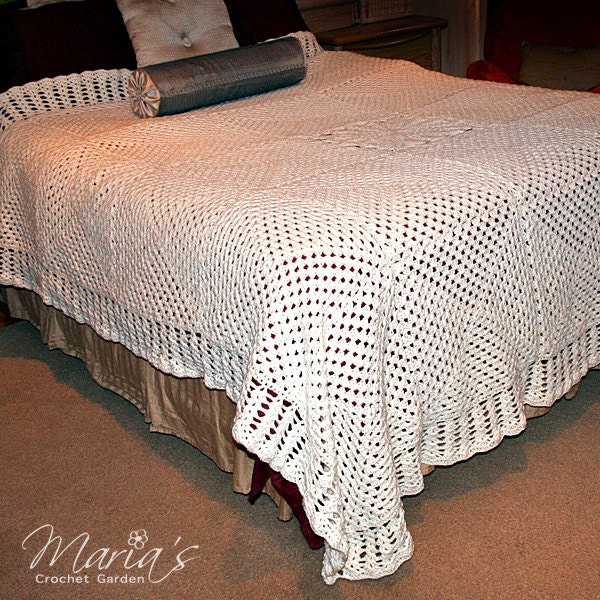 Crochet Bedspread / White King Queen Size by MariasCrochetGarden