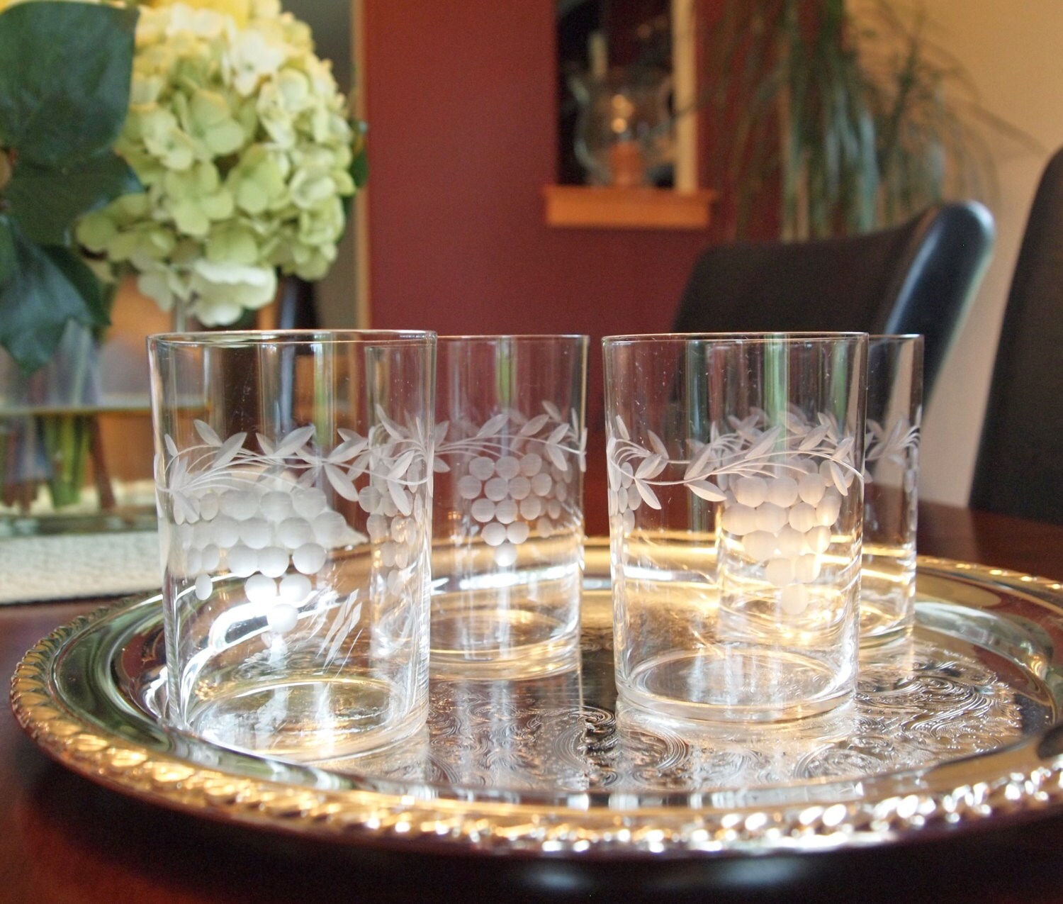 Pretty Vintage Drinking Glasses Etched with Grapes and Leaves