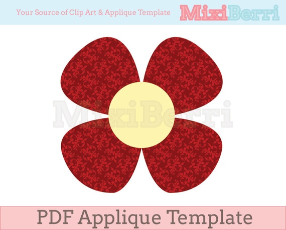 Red Flower 4 Petals Applique Template Instant Download