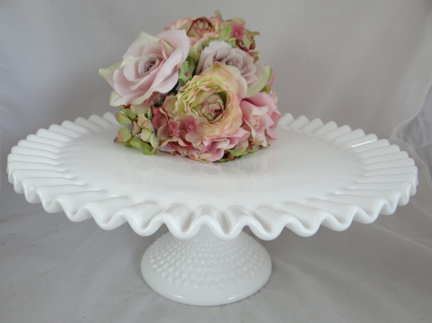Vintage Fenton Milk Glass Hobnail Cake Stand with Fluted Edge