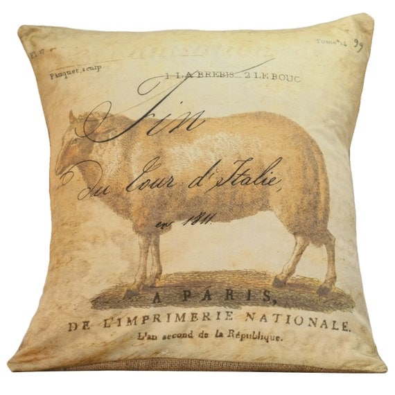 Handmade Graphic Pillow Giveaway from Knick of Time at knickoftimeinteriors.blogspot.com Vintage French Sheep Antique Document Burlap Cotton Throw Pillow