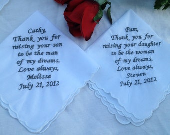 Set of Two Ladies Wedding personalized Handkerchiefs for Mother of the bride and mother of the groom