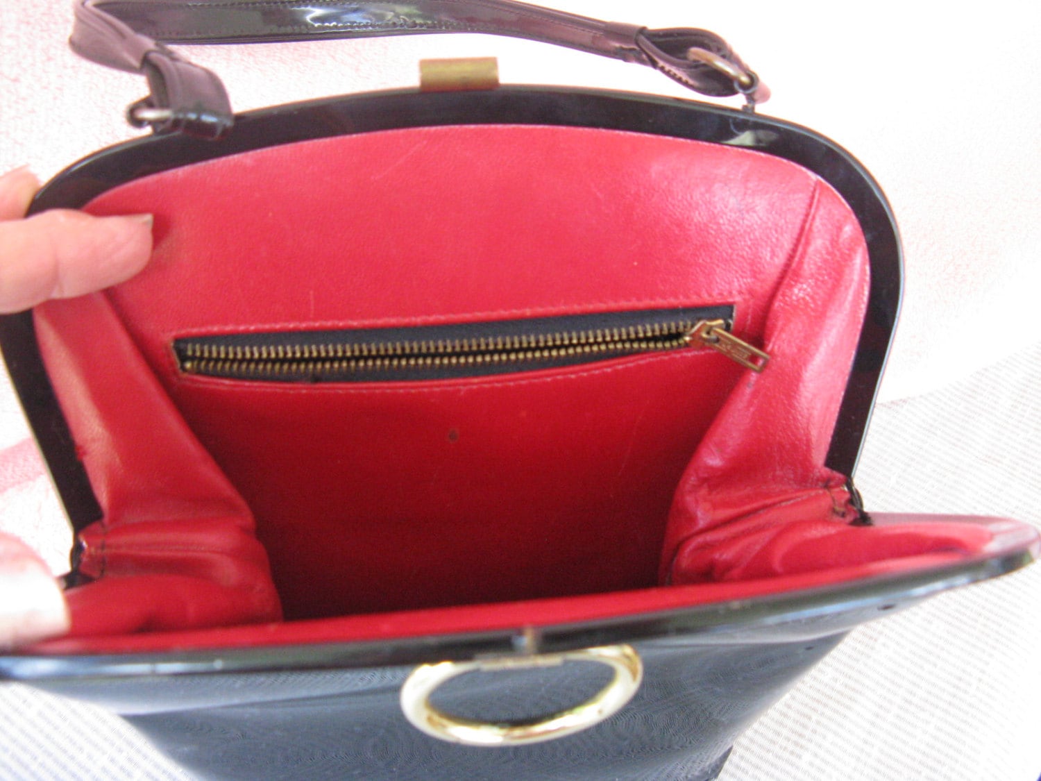 Black Patten Leather Purse with red leather interior