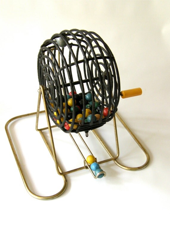 Vintage Bingo Basket with Colorful Balls and by SmallFavorites