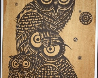 Thai traditional art of Owls by printing on sepia paper
