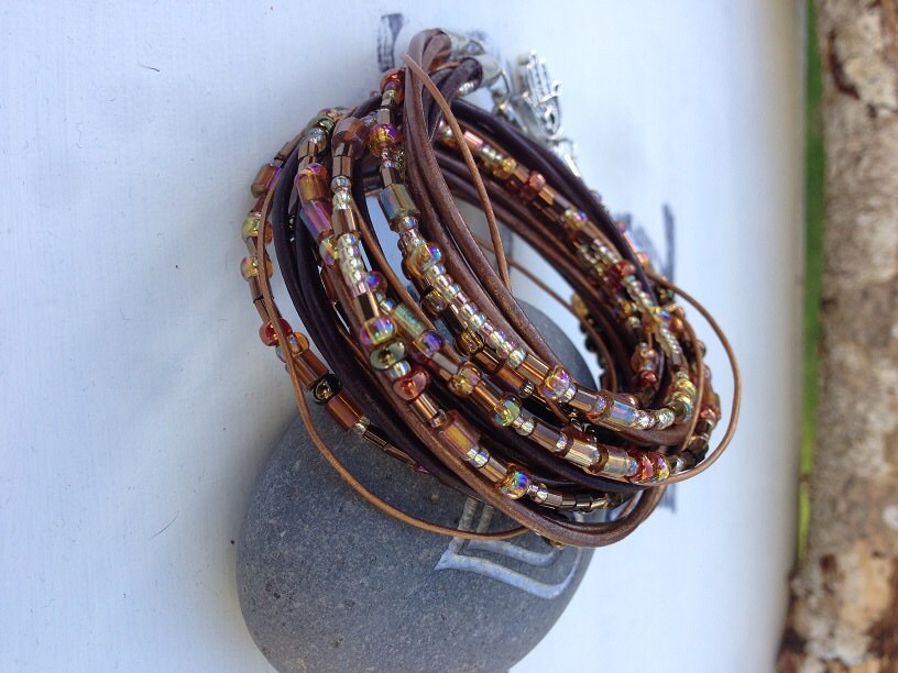 Brown And Gold Color Leather Triple Wrap Bracelet