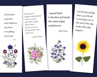 Set of 4 Bookmarks Pressed Flowers Friendship quotes