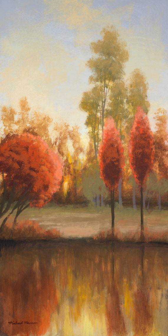 Vertical landscape painting with romantic lighting reflection.