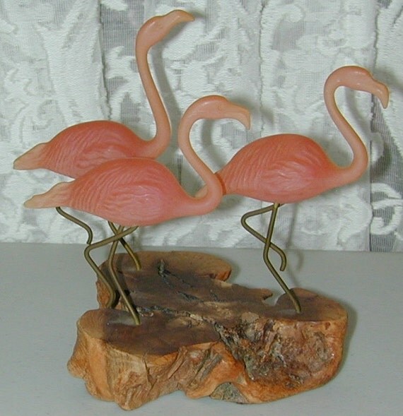 1977 John Perry FLAMINGO Art SCULPTURE on BURL Wooden Base