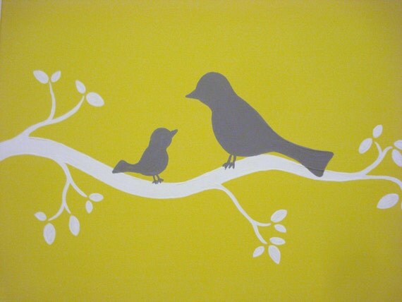 Items similar to Mom and Baby Bird acrylic painting on canvas, nursery ...