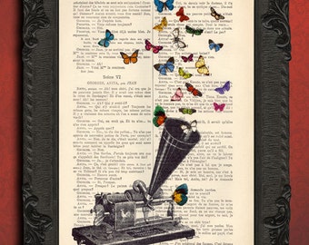 phonograph and butterfly art print antique phonograph horn print
