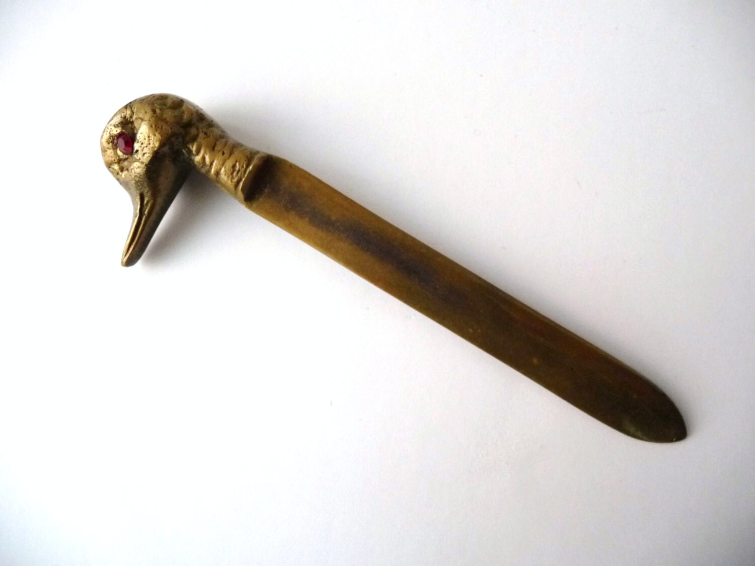 Vintage Brass Letter Opener Duck Head with Red Glass Eyes