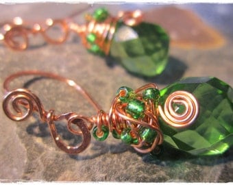 Faceted green glass briolette earrings with handmade copper wire earwires