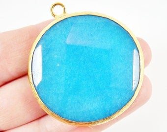 Large 42mm Blue Round Faceted Jade Pendant - 22k Matte Gold plated Bezel - 1pc