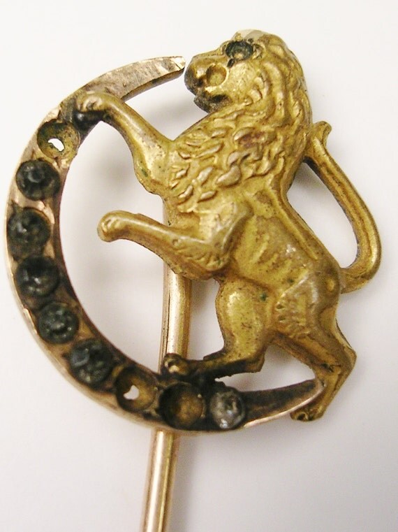 art deco tie stick pin lion half moon crest rhinestones