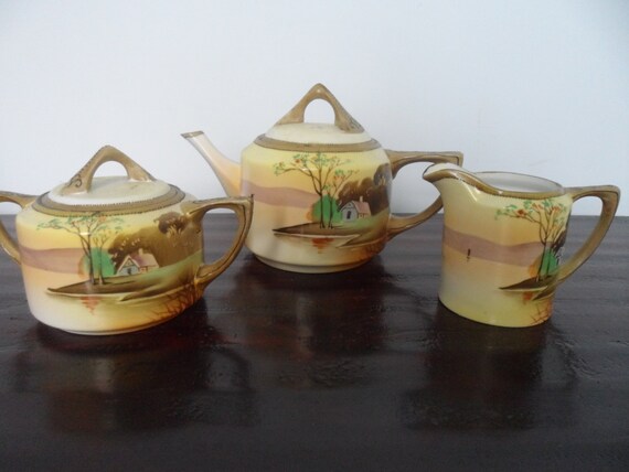 Vintage Nippon tea set pot creamer sugar bowl Japan hand