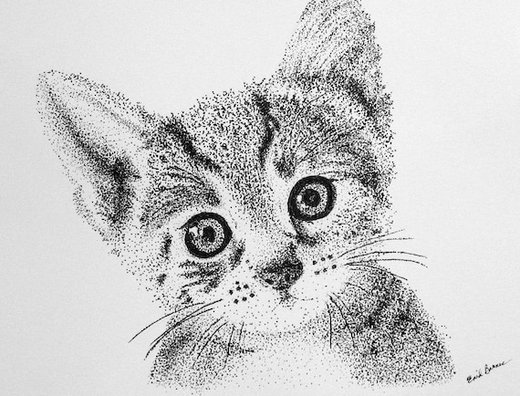 Original Pen and Ink Pointillism Drawing of a KITTEN