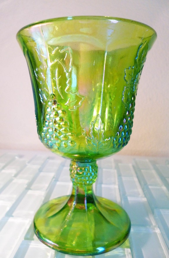 3 Vintage Green Carnival Glass Wine Goblet Indiana Glass