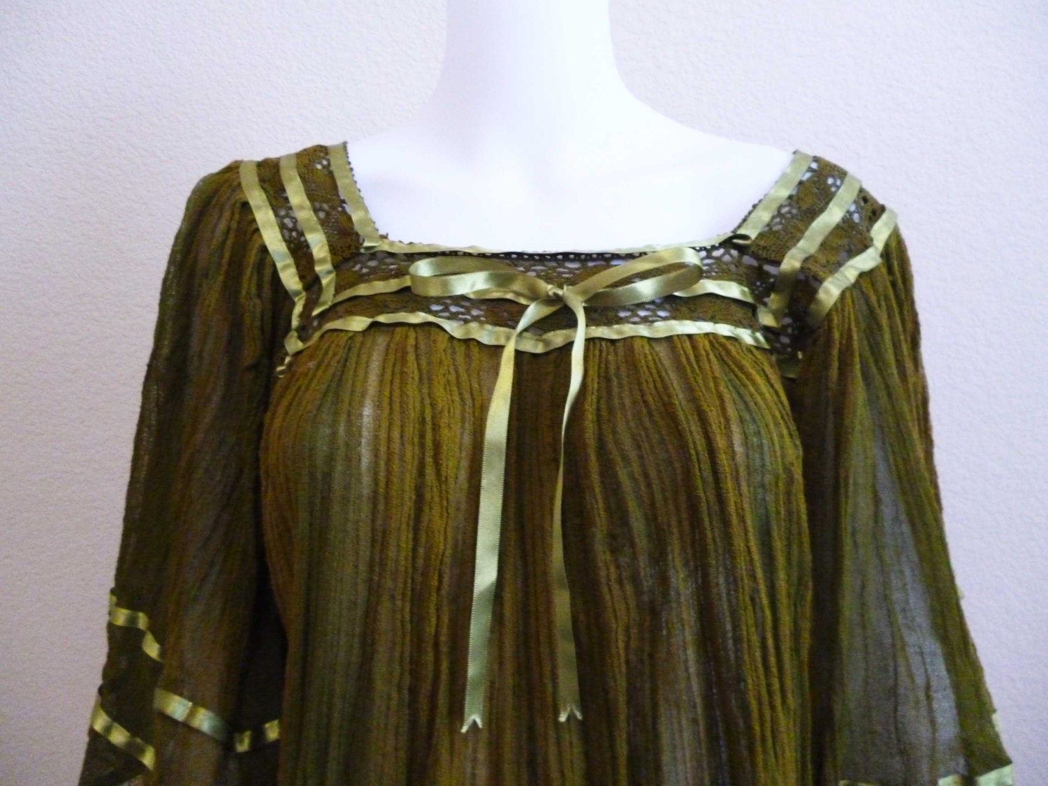 Green Peasant Top Dress Green Gauze BOHO Hippie Sheer Short