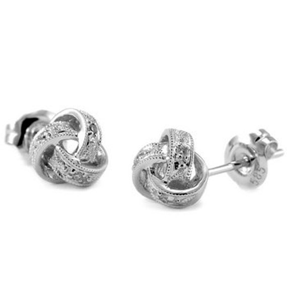 Fine Diamond Stud Knot Earrings 14k White Gold Vintage Antique Style