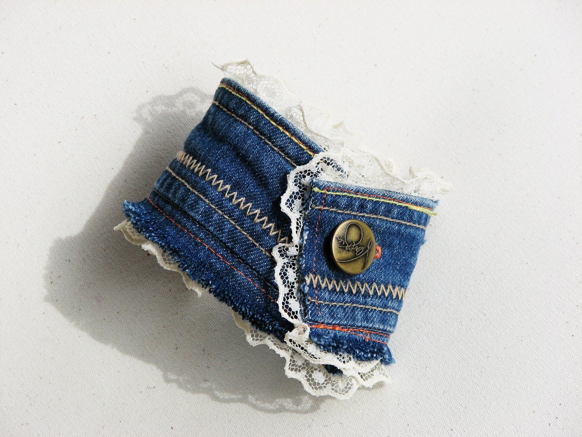 Items similar to Upcycled Denim Cuff Bracelet made from Recycled Blue