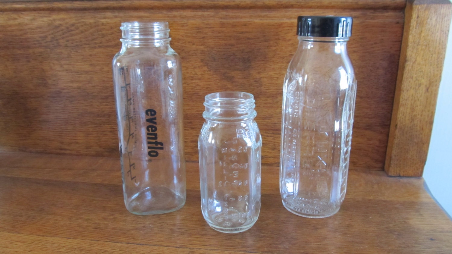 3 Vintage Glass Baby Bottles Pyrex Baker and Evenflo