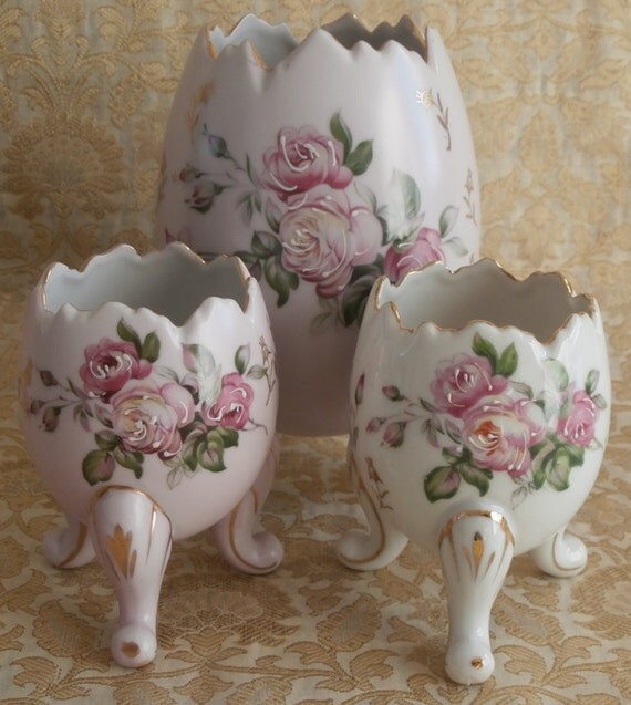 Vintage Easter Porcelain Egg Vases Hand Painted Flowers